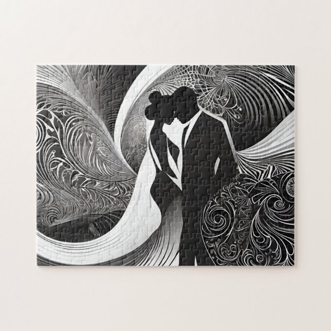 Black & White Silhouette Elegant Couple in Love Jigsaw Puzzle (Horizontal)