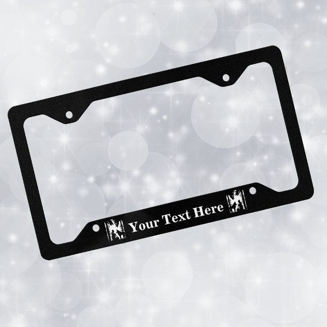 Black White Silhouette Red Riding Hood Wolf Trees License Plate Frame (Black and white little red riding hood with wolf under trees on black license plate frame.)