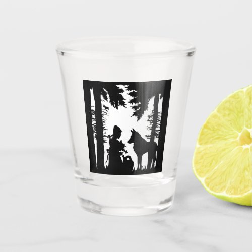 Black White Silhouette Riding Hood in Woods Wolf Shot Glass