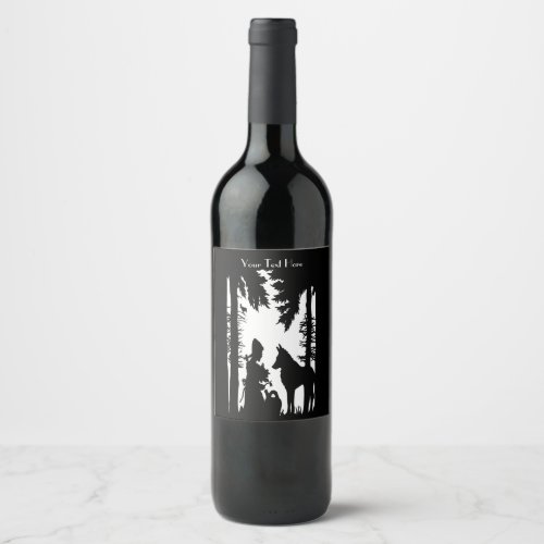 Black White Silhouette Riding Hood Wolf in Woods Wine Label