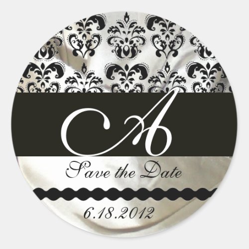 BLACK  WHITE SILK DAMASK CLOTH MONOGRAM CLASSIC ROUND STICKER