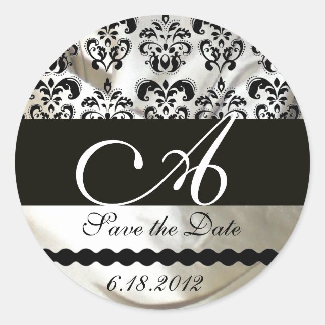BLACK & WHITE SILK DAMASK CLOTH MONOGRAM CLASSIC ROUND STICKER (Front)