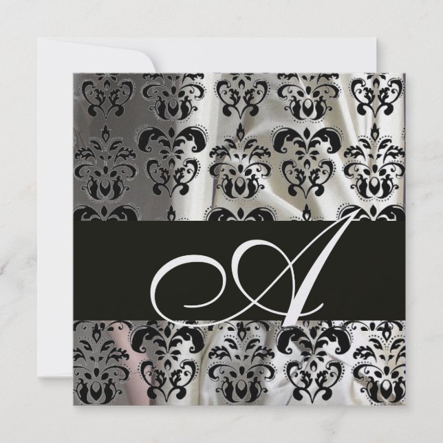 BLACK & WHITE SILK DAMASK CLOTH MONOGRAM Ice Metal Invitation (Front)