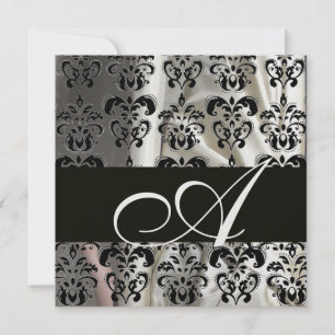 BLACK & WHITE SILK DAMASK CLOTH MONOGRAM Ice Metal Invitation