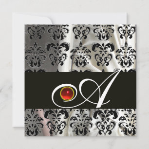 BLACK WHITE SILK DAMASK CLOTH MONOGRAM RED RUBY INVITATION
