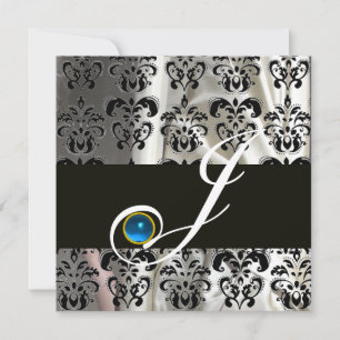 BLACK WHITE SILK DAMASK MONOGRAM BLUE SAPPHIRE INVITATION