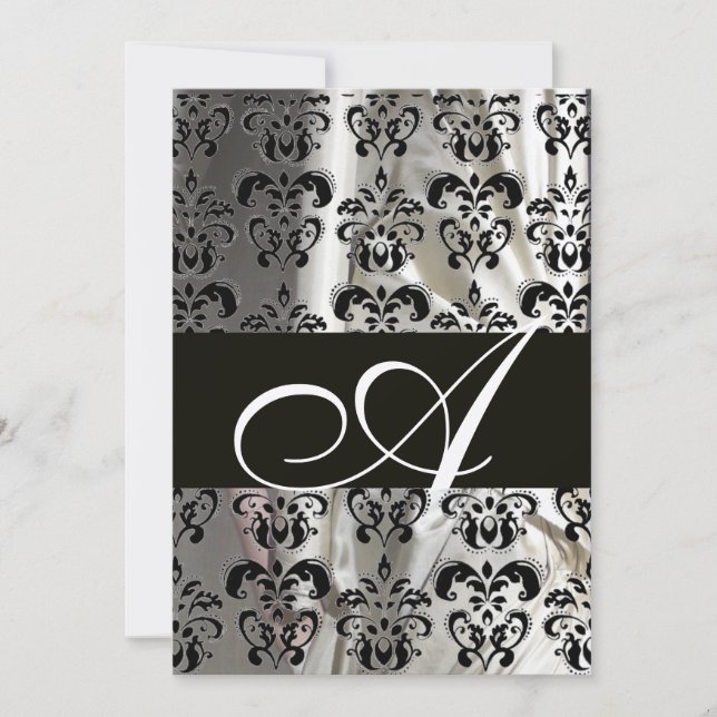 BLACK WHITE SILK DAMASK MONOGRAM GOLD INVITATION (Front)