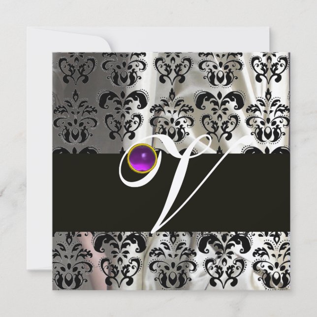 BLACK WHITE SILK DAMASK MONOGRAM PURPLE AMETHYST INVITATION (Front)