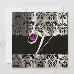 BLACK WHITE SILK DAMASK MONOGRAM PURPLE AMETHYST INVITATION