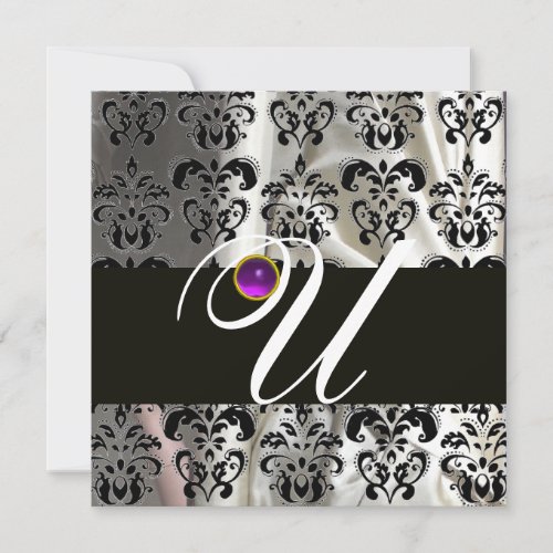 BLACK WHITE SILK DAMASK MONOGRAM PURPLE AMETHYST INVITATION