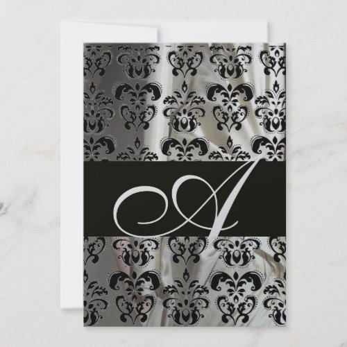 BLACK WHITE SILK DAMASK MONOGRAM SILVER INVITATION