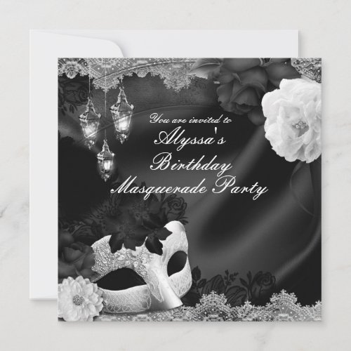 Black  White Silk Floral  Lace Masquerade Party Invitation