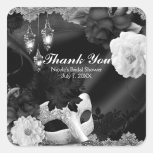 Black & White Silk Floral & Lace Masquerade Party Square Sticker