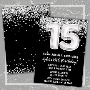 Black White Silver 15th Birthday Party Invitation
