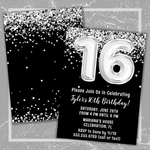 Black White Silver 16th Birthday Party Invitation