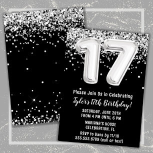 Black White Silver 17th Birthday Party Invitation