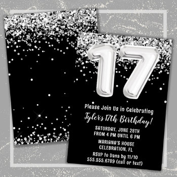 Black White Silver 17th Birthday Party Invitation by WittyPrintables at Zazzle