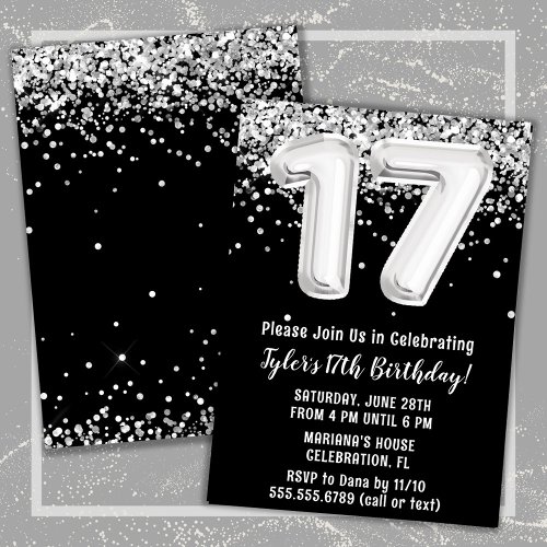 Black White Silver 17th Birthday Party Invitation