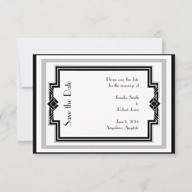 Black White Silver Art Deco Frame Save the Date (Front)