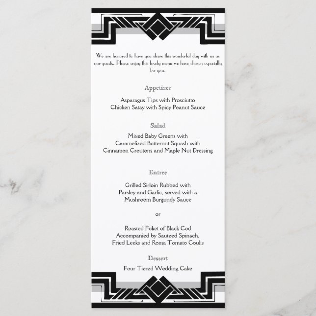 Black White Silver Art Deco Frame Wedding Menu (Front)