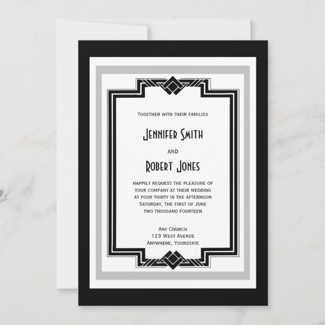 Black White Silver Art Deco Wedding Invitation (Front)