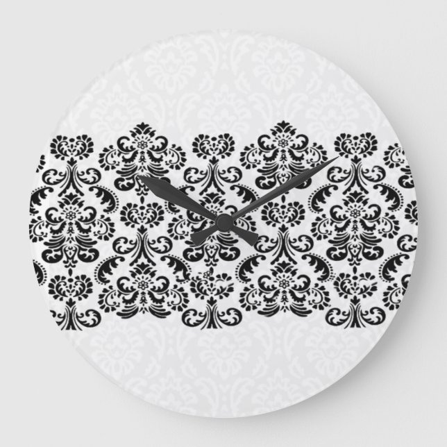 Black White Silver Damask Lace G203 Large Clock (Front)