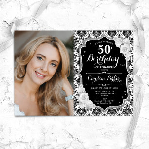 Black White Silver Damask Photo 50th Birthday Invitation