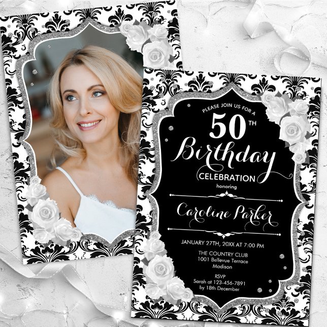 Black White Silver Damask Photo 50th Birthday Invitation (Creator Uploaded)
