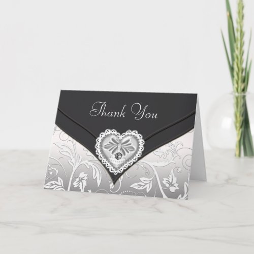 Black White Silver Diamond Heart Thank You Cards