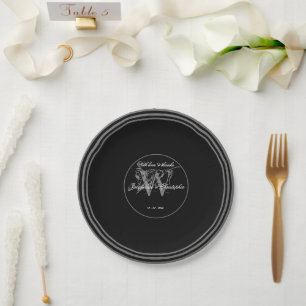 Black White Silver Elegant Wedding Chic Monogram Paper Plates