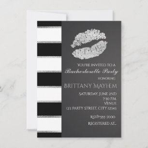 Black White & Silver Faux Shimmer Lips Kiss Party Invitation