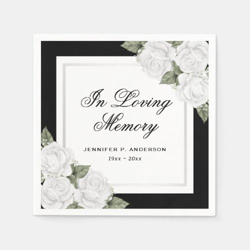 Black White Silver Floral Funeral Memorial Napkins