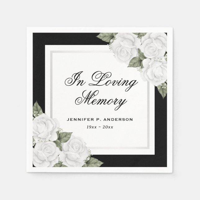 Black White Silver Floral Funeral Memorial Napkins (Front)