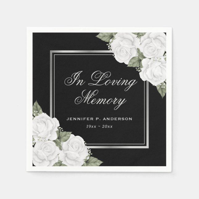 Black White Silver Floral Memorial Funeral Napkins (Front)