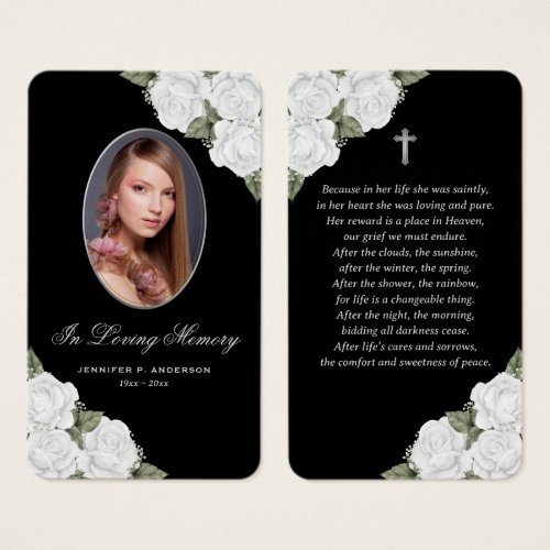 Black White Silver Floral Memorial Prayer Card