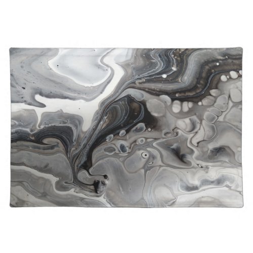 Black White Silver Fluid Liquid Marble Abstract Cloth Placemat
