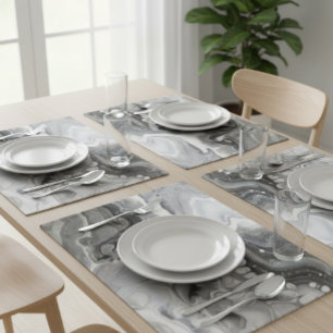Black White Silver Fluid Liquid Marble Abstract Cloth Placemat