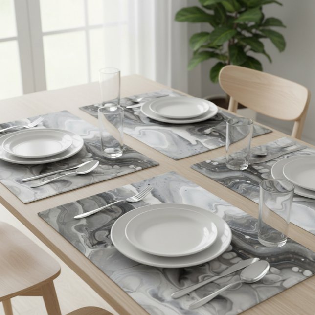 Black White Silver Fluid Liquid Marble Abstract Cloth Placemat (Creator Uploaded)