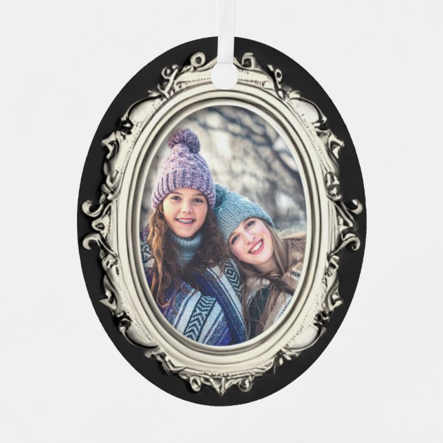 Black & White Silver Frame Personalized Photo Oval Metal Ornament (Front)