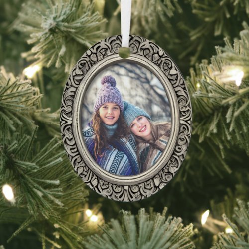 Black  White Silver Frame Personalized Photo Oval Metal Ornament