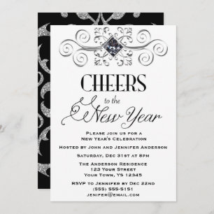 Black White Silver Glamour New Year's Eve Party Invitation