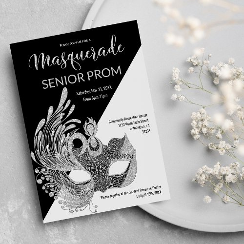 Black White Silver Glitter Masquerade Prom Invitation