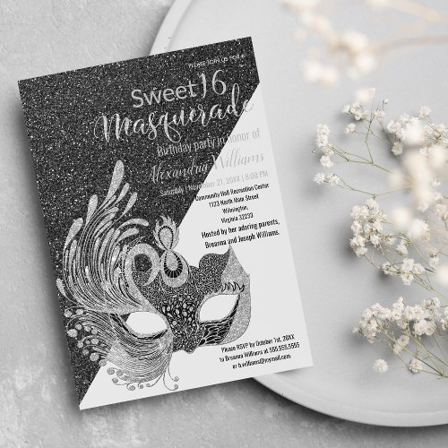 Black White Silver Glitter Masquerade Sweet 16 Inv Invitation
