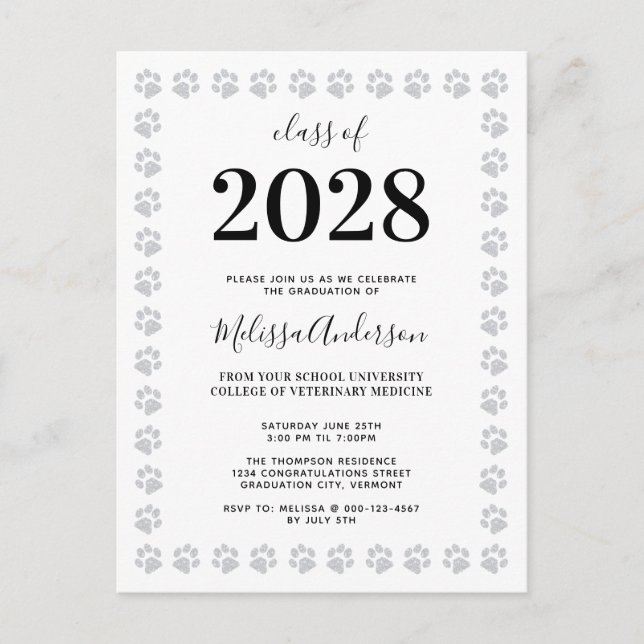Black White Silver Glitter Paw Prints Graduation Invitation Postcard (Front)