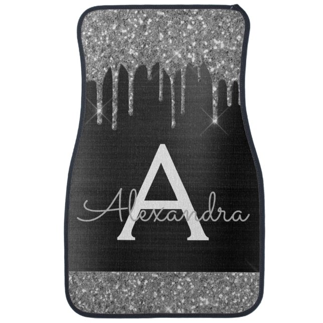 Black White Silver Glitter Sparkle Monogram Car Fl Car Floor Mat (Front)