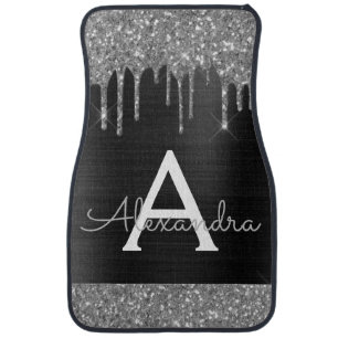 Black White Silver Glitter Sparkle Monogram Car Fl Floor Mat