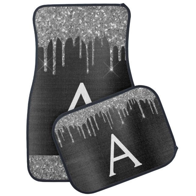Black White Silver Glitter Sparkle Monogram Car Floor Mat (Set)