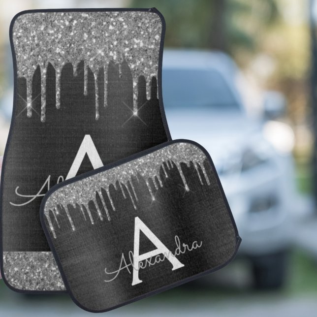 Black White Silver Glitter Sparkle Monogram Car Floor Mat (Creator Uploaded)
