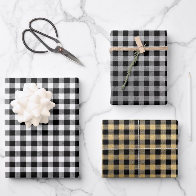 Black White Silver Gold Plaid    Wrapping Paper Sheets (Front)