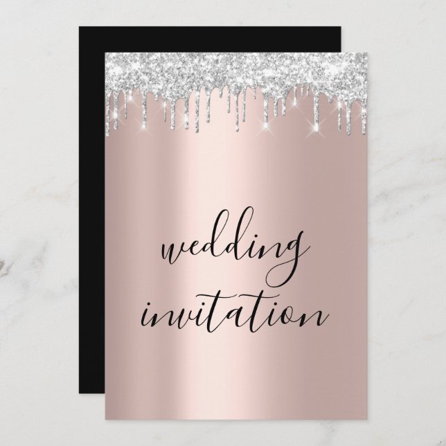 Black White Silver Gray Drips Rose Gold Wedding Invitation (Front/Back)